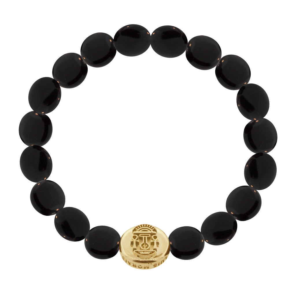LUIS MORAIS 14K yellow gold large disk with good luck symbol on a large Onyx gemstone disk beaded bracelet