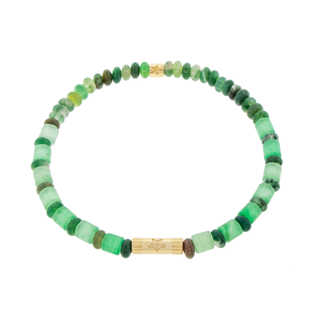 LUIS MORAIS 14K yellow gold slim tube with a five pointed star symbol and a matching short roll with a five pointed star on a green aventurine and Indian Agate gemstone beaded bracelet