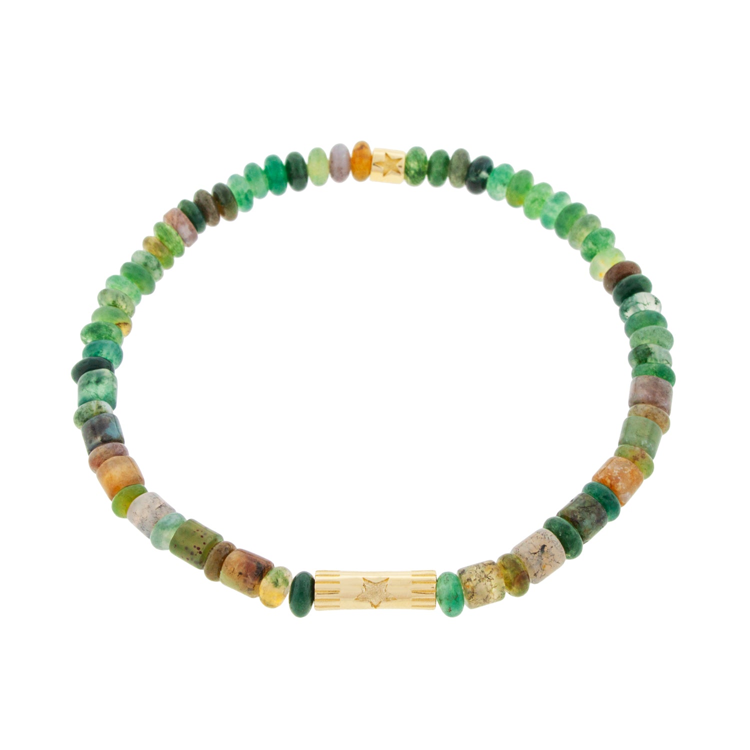 LUIS MORAIS 14K yellow gold slim tube with a five pointed star symbol and a matching short roll with a five pointed star on an Indian Agate gemstone beaded bracelet