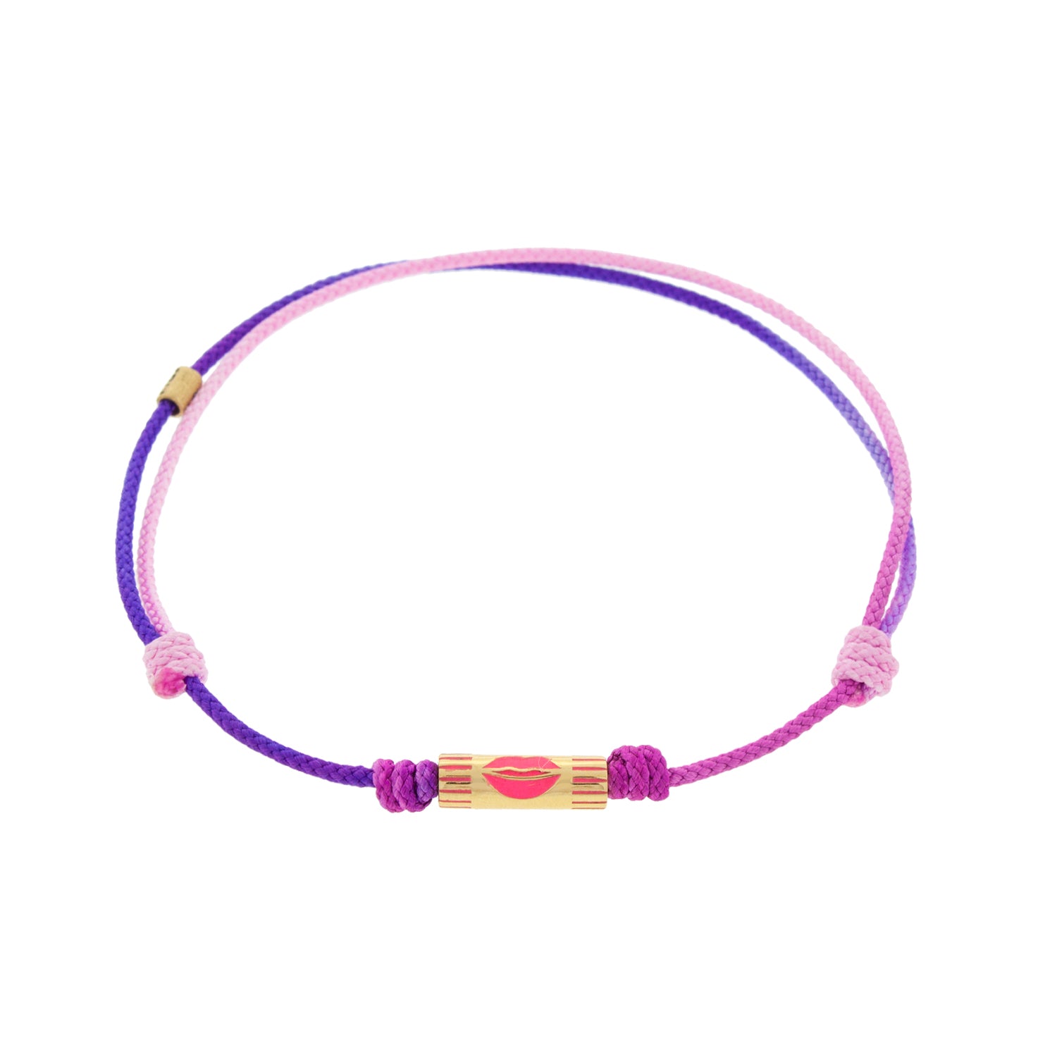 LUIS MORAIS 14K yellow gold slim tube with pink enameled lips on a purple ombre cord bracelet