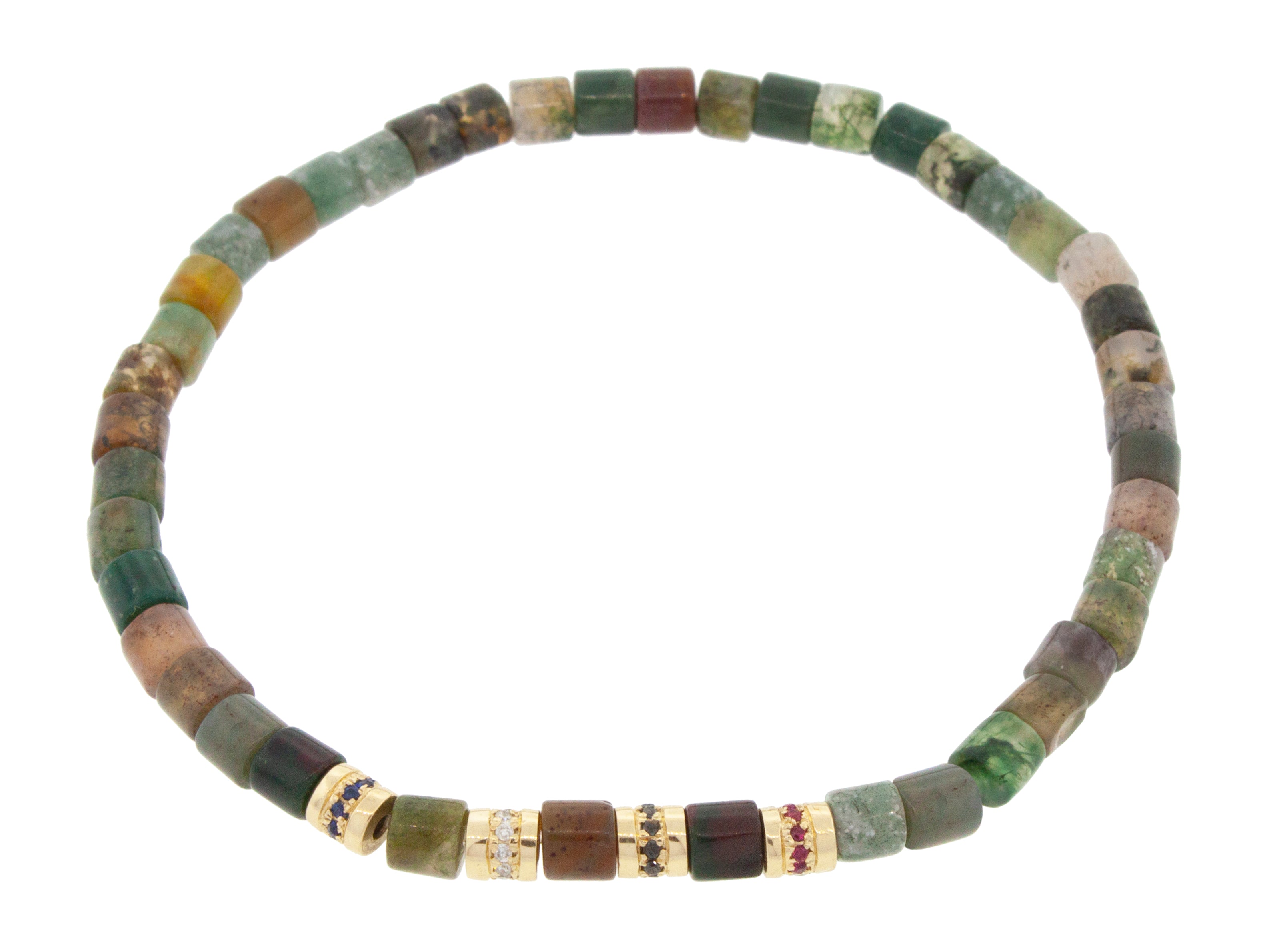 LUIS MORAIS beaded bracelet featuring four 14k yellow gold short rolls with rubies, sapphires, white diamonds, and black diamonds.