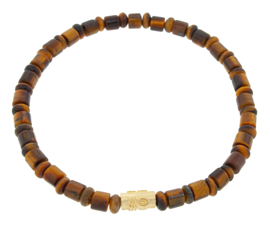 LUIS MORAIS 14K Yellow Gold Pineal Symbol Cylinder on a Tiger's Eye and Glass Beaded Bracelet