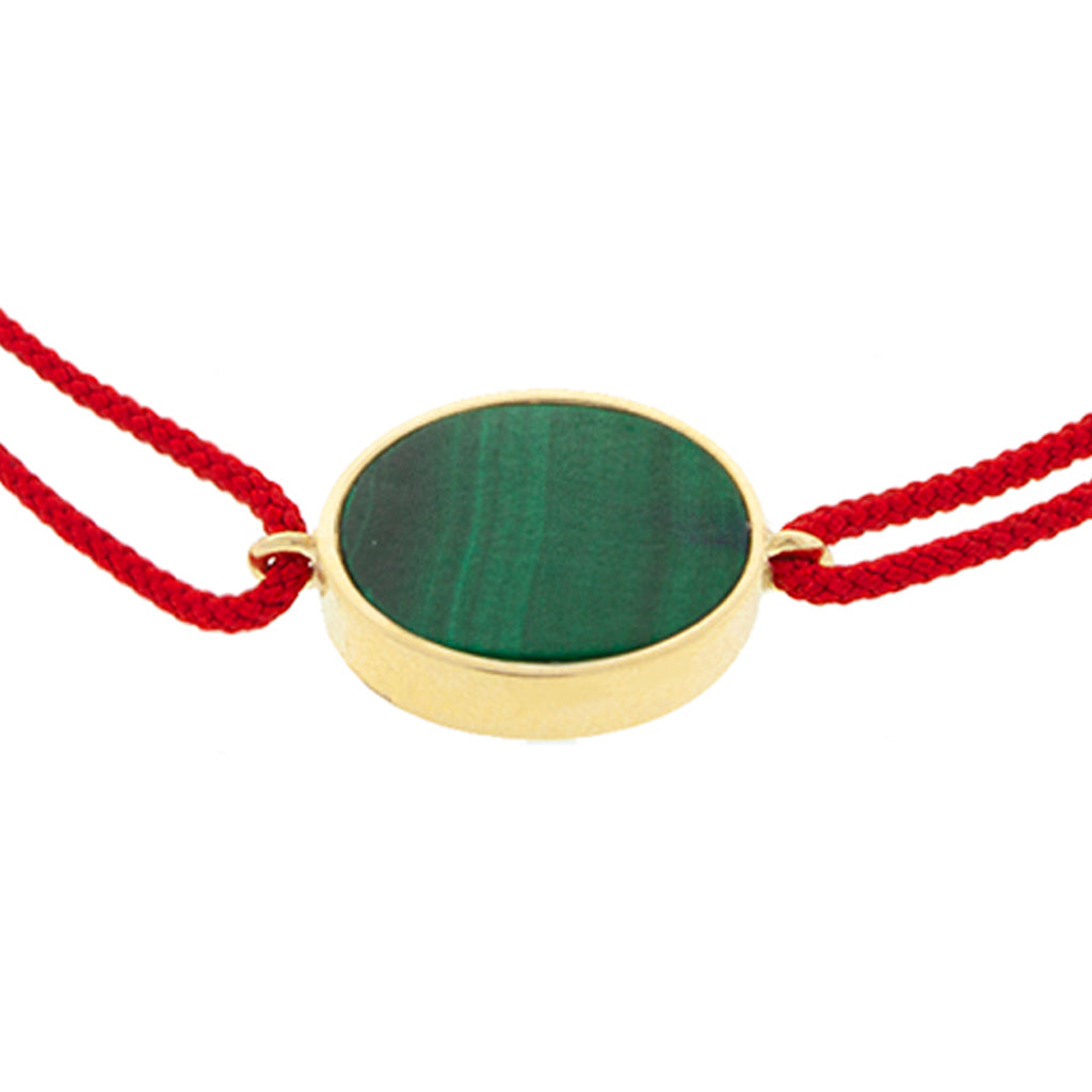 LUIS MORAIS 14K yellow gold 'The Good Times' medallion with a malachite gemstone backing on a purple ombre cord bracelet BACK PHOTO