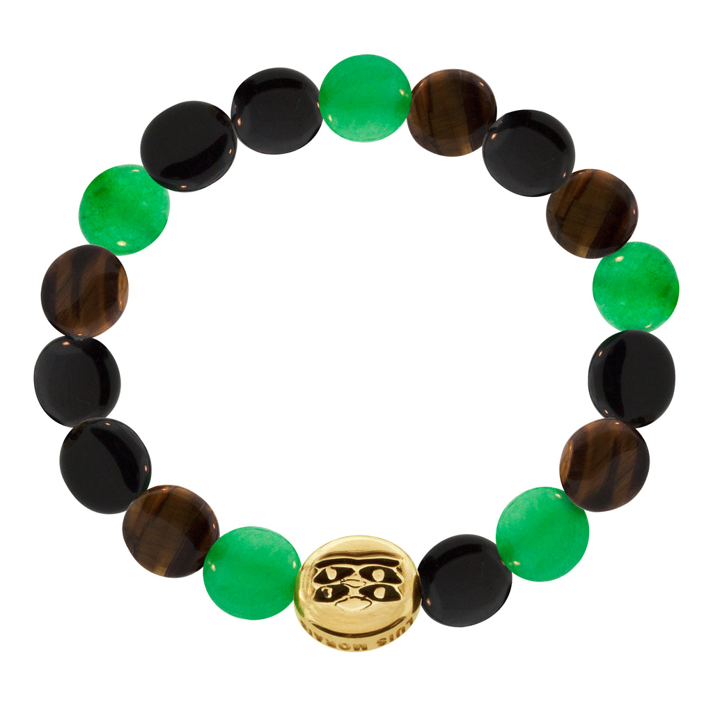 LUIS MORAIS 14K yellow gold large disk with an antiqued triple Horus eyes symbol on a large multi gemstone disk beaded bracelet. The gemstones are onyx, green aventurine and tiger's eye.