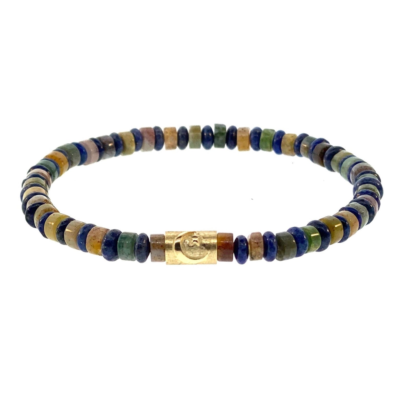 14k Yellow Gold Matte Tube with Moon Star Relief on a Gemstone Beaded Bracelet