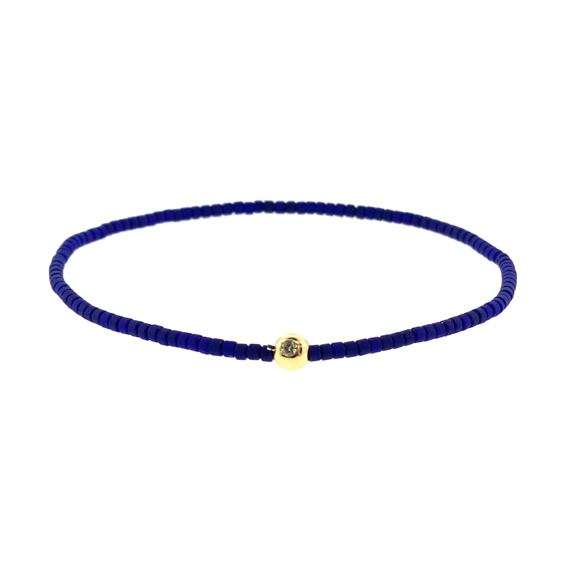 Gold Ball with White Diamond on Blue Glass Bead Bracelet
