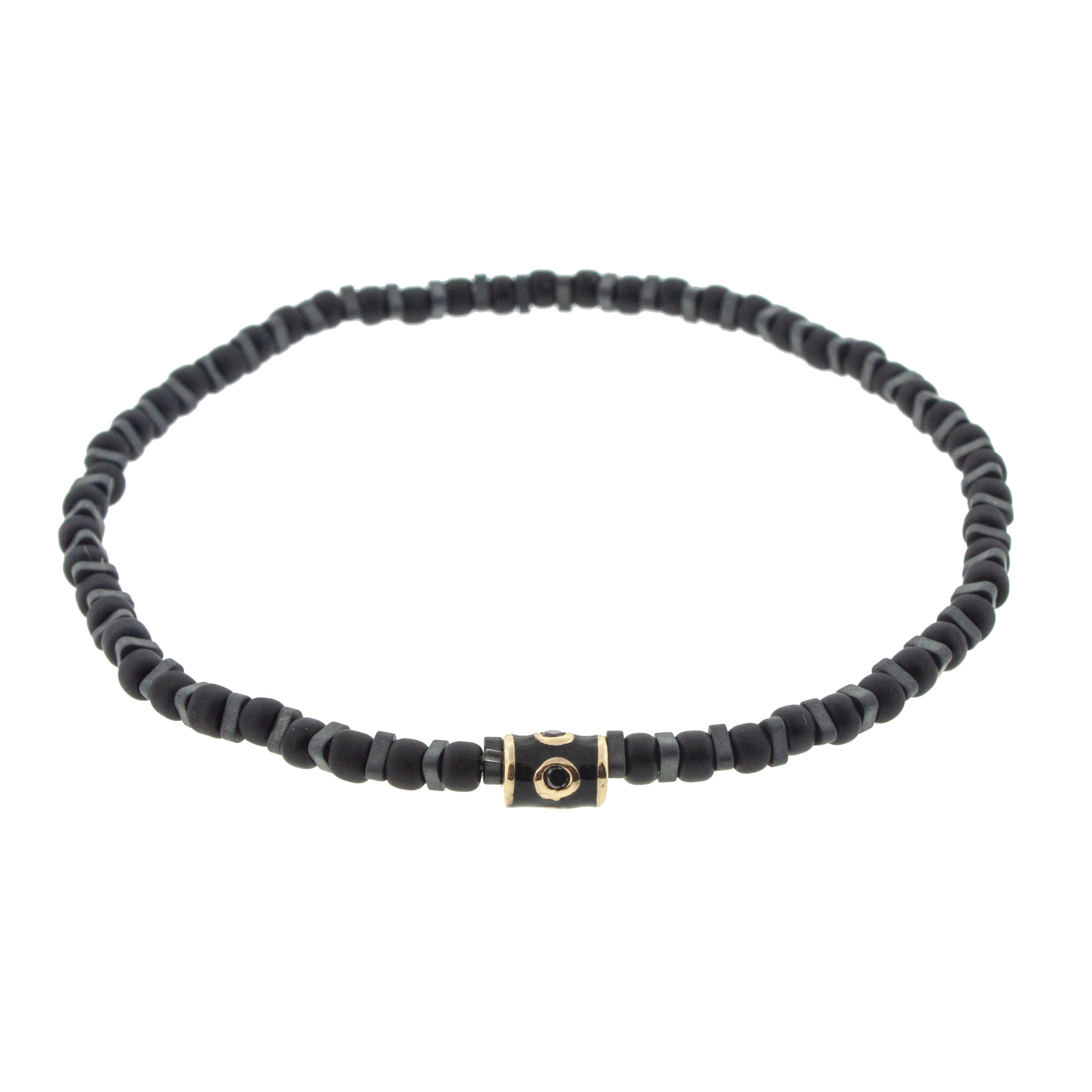 LUIS MORAIS 14K Yellow Gold Enameled Barrel With Black Enamel And Black Diamonds On Glass Beaded Bracelet.