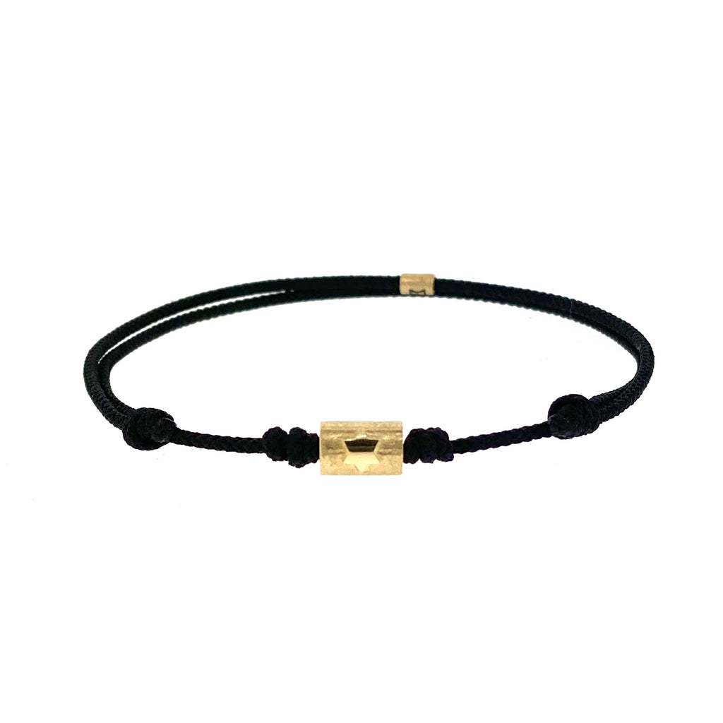 LUIS MORAIS 14K yellow gold short matte tube with a Star of David Relief on an adjustable cord bracelet. Features gold logo spacer.