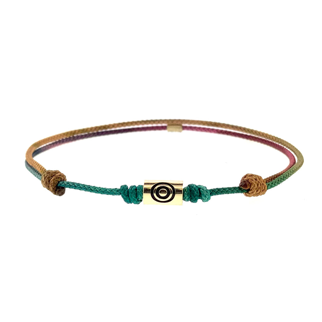 LUIS MORAIS 14k Yellow Gold Short Polished Tube with Recessed Antiqued Evil Eye on a Cord Bracelet
