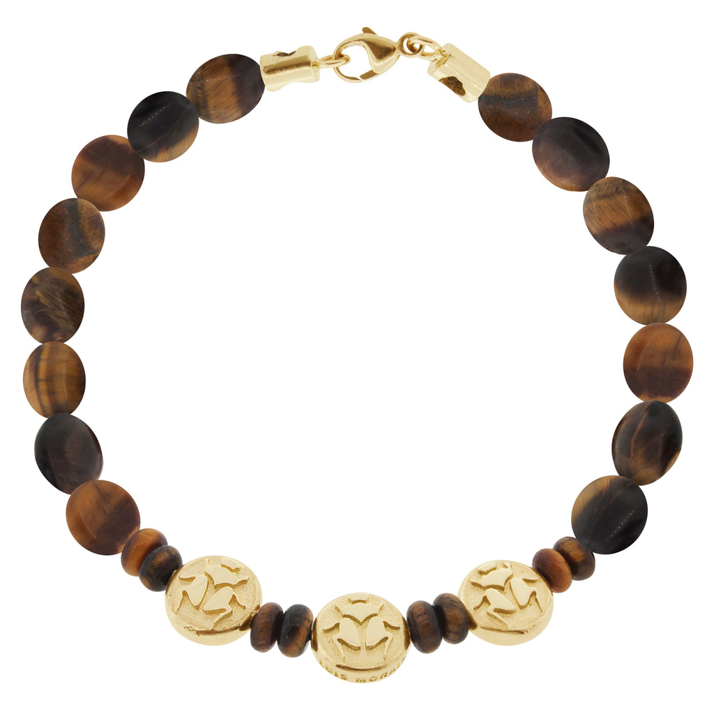 LUIS MORAIS 14K yellow gold scarab small disks on a tiger's eye gemstone beaded bracelet with a 14K yellow gold long clasp.