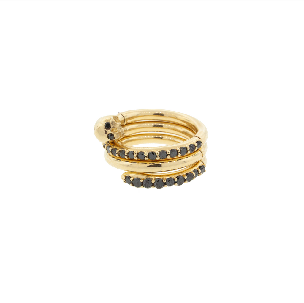 LUIS MORAIS 14K Yellow Gold Skull Serpentine Ring with Round Black Diamonds