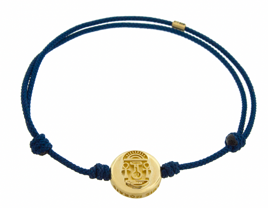 LUIS MORAIS 14K yellow gold large Good Luck disk on a navy cord bracelet. 