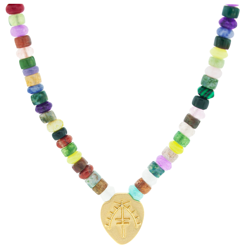Luis Morais 14K yellow gold shield choker necklace with a Moor protection symbol on multi color gemstones beaded necklace and a 14K yellow gold long clasp.