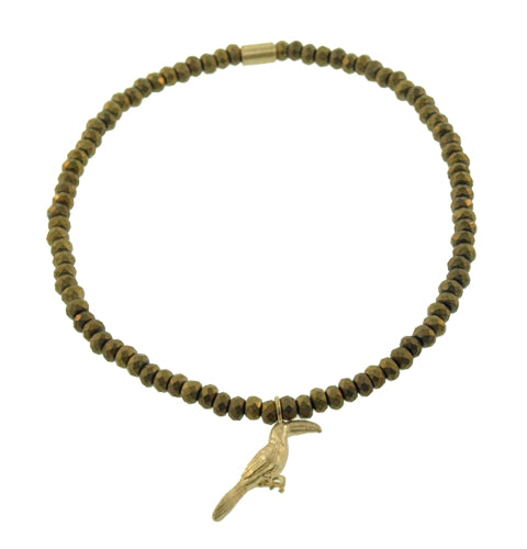LUIS MORAIS 14k Yellow Gold Tucan With Gold Spacer On Beaded Bracelet.