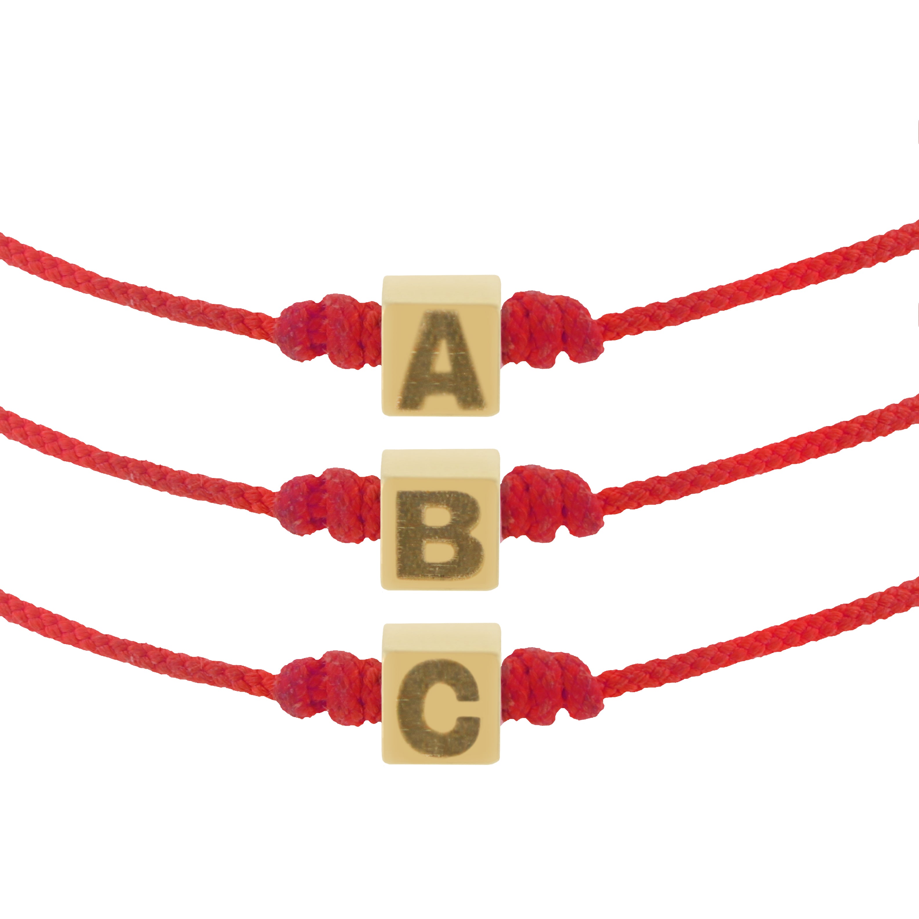 LUIS MORAIS 14k Yellow Gold Four-Sided Custom Cube Bracelet on an adjustable cord bracelet. Choose a custom combination of different letters, numbers or symbols.