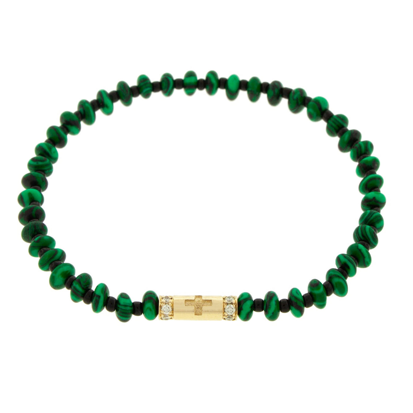 LUIS MORAIS 14K yellow gold slim tube with a cross symbol and two channels of white diamonds on a malachite and glass beaded bracelet