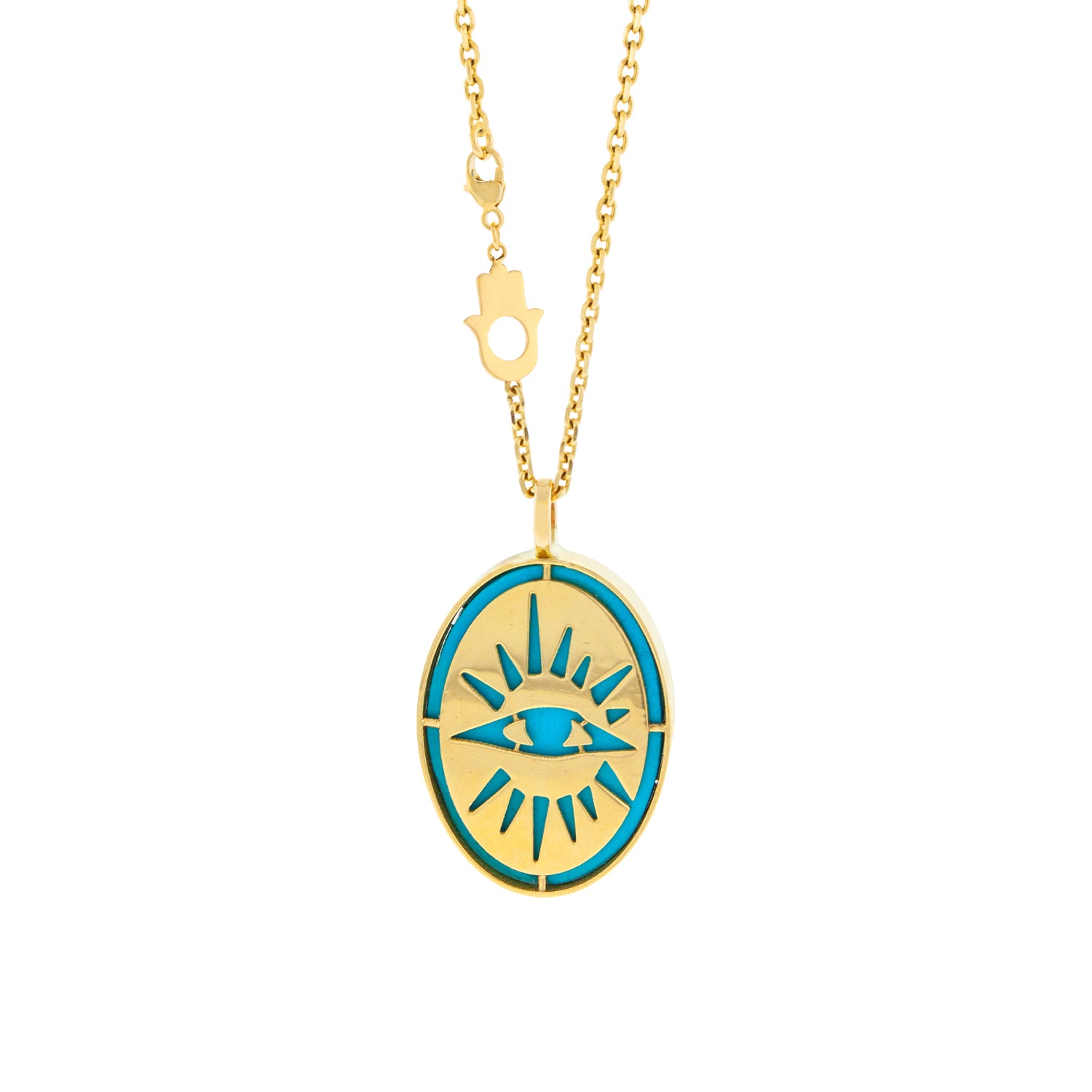 LUIS MORAIS 14K yellow gold skull medallion pendant with a turquoise gemstone backing pendant This pendant is sold individually or on 1.75 mm chains with either an eye or a hamsa closure. We offer many lengths, if you would like a custom length, please reach out to customer service.