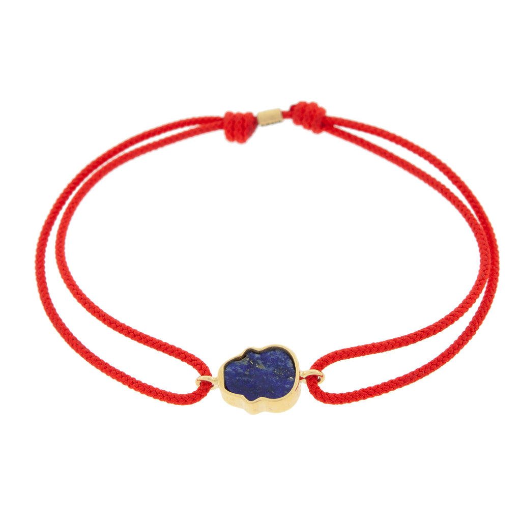 LUIS MORAIS 14K yellow gold 'The Good Times' small skull face medallion with a lapis gemstone backing on a red cord bracelet BACK PHOTO