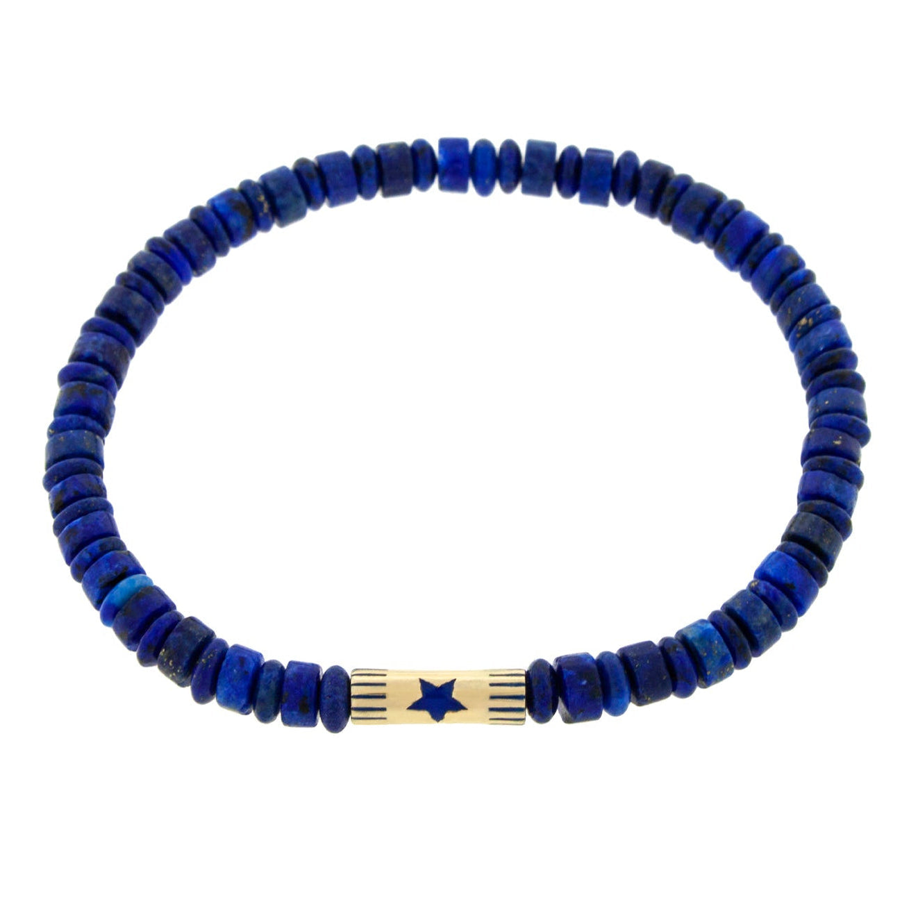 LUIS MORAIS 14K yellow gold slim tube with enameled five pointed star on a lapis gemstone beaded bracelet