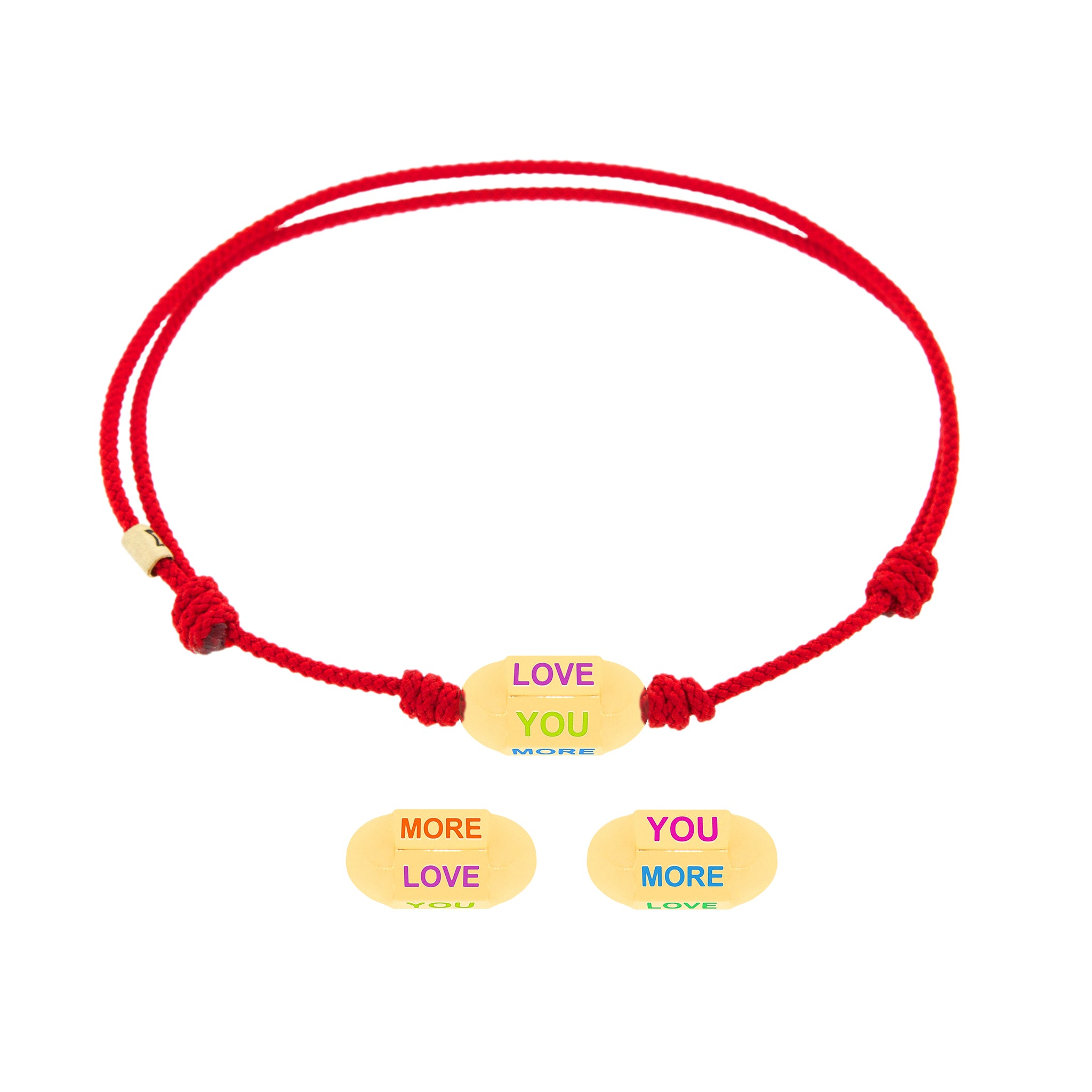 A red cord bracelet with a gold bolt bead and multi-colored enamel accents displaying the text 'LOVE YOU MORE'.
