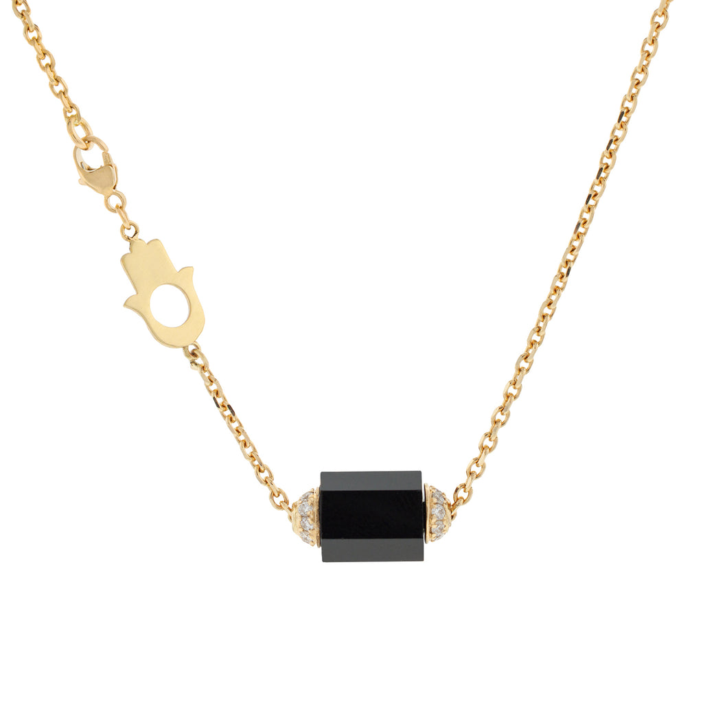LUIS MORAIS 14K yellow gold hexagon onyx bolt bead with two channels of white diamonds on a 1.75 mm chain necklace. HAMSA CLASP