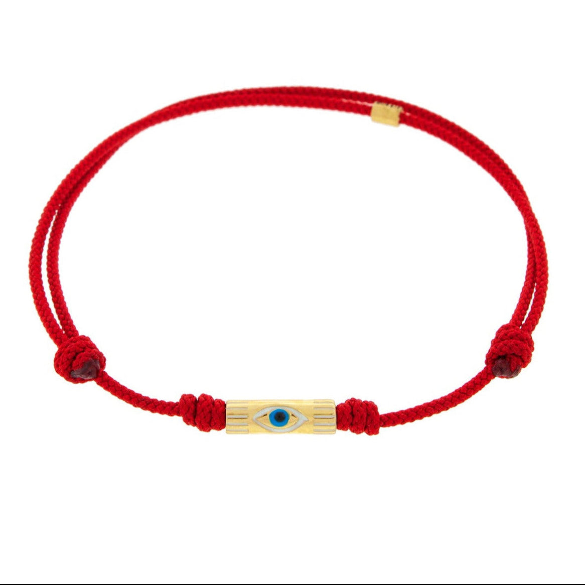 LUIS MORAIS 14K Yellow Gold Enameled Evil Eye Symbol on a Ribbed Slim Tube on a Red Cord Bracelet