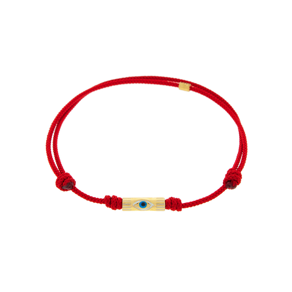 LUIS MORAIS 14K Yellow Gold Enameled Evil Eye Symbol on a Ribbed Slim Tube on a Red Cord Bracelet