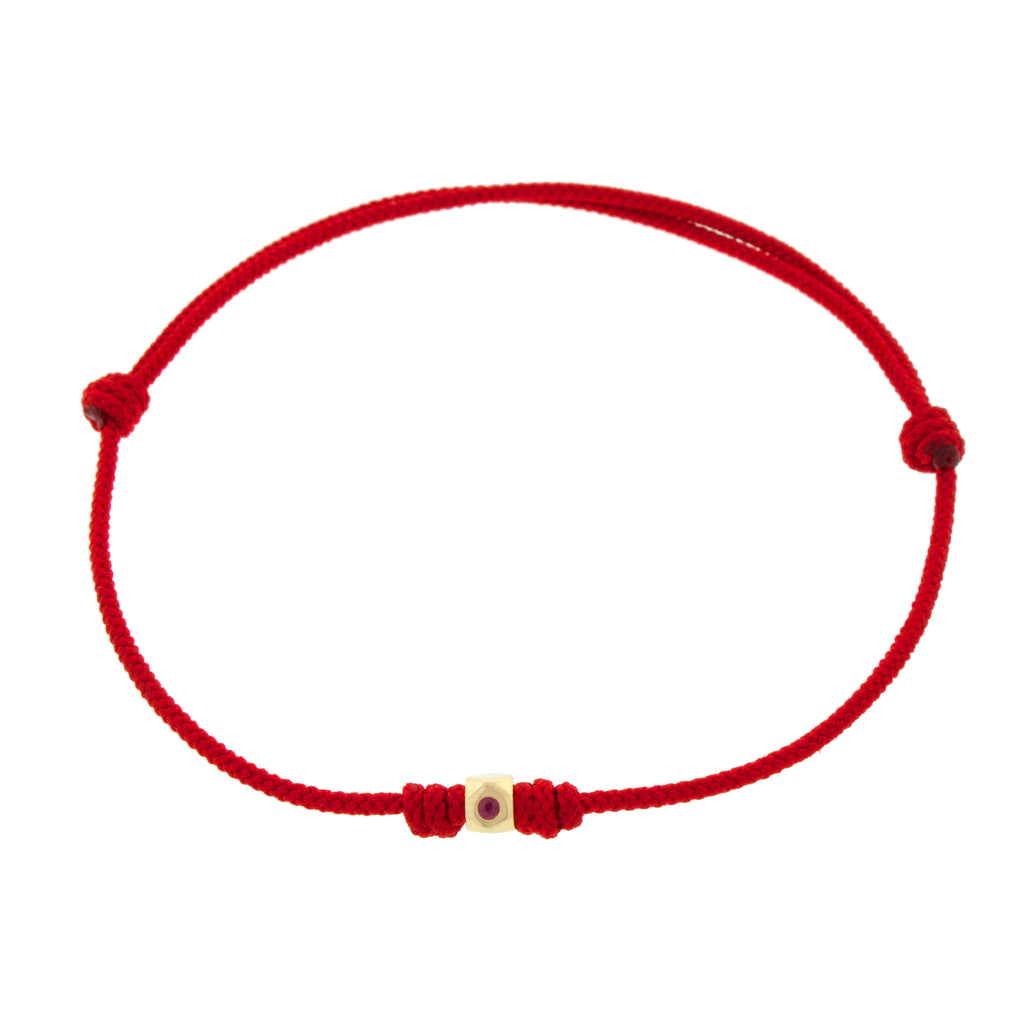 LUIS MORAIS 14K Yellow Gold Flat Tetra Bead with a Ruby on a Red Cord Bracelet