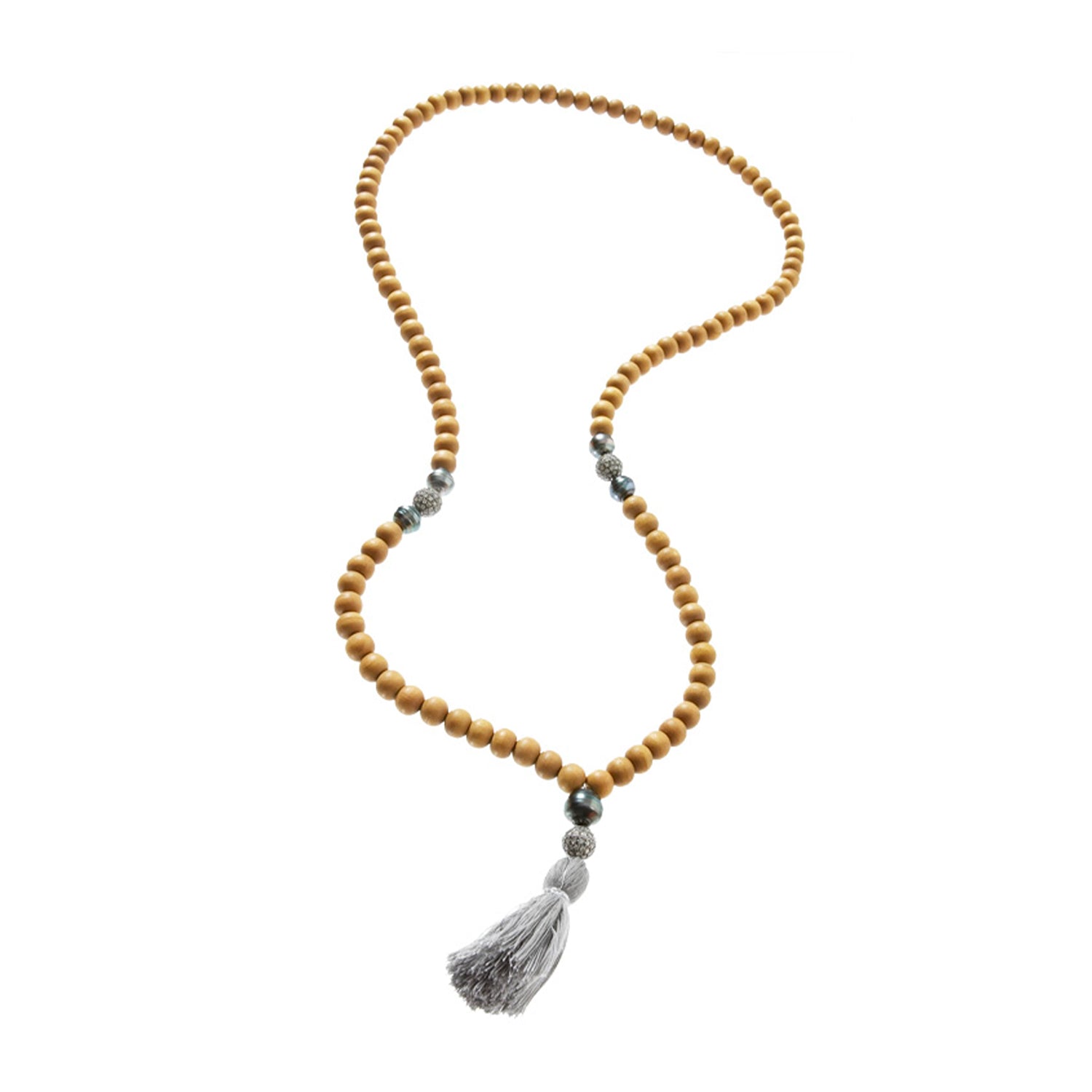 LUIS MORAIS sandalwood Mala necklace featuring black Tahitian pearls and 14k gold beads encrusted with diamonds.