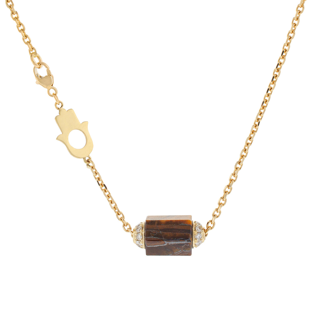 LUIS MORAIS 14K yellow gold tiger's eye bolt bead with two channels of white diamonds on a 1.75 mm chain necklace. HAMSA CLASP