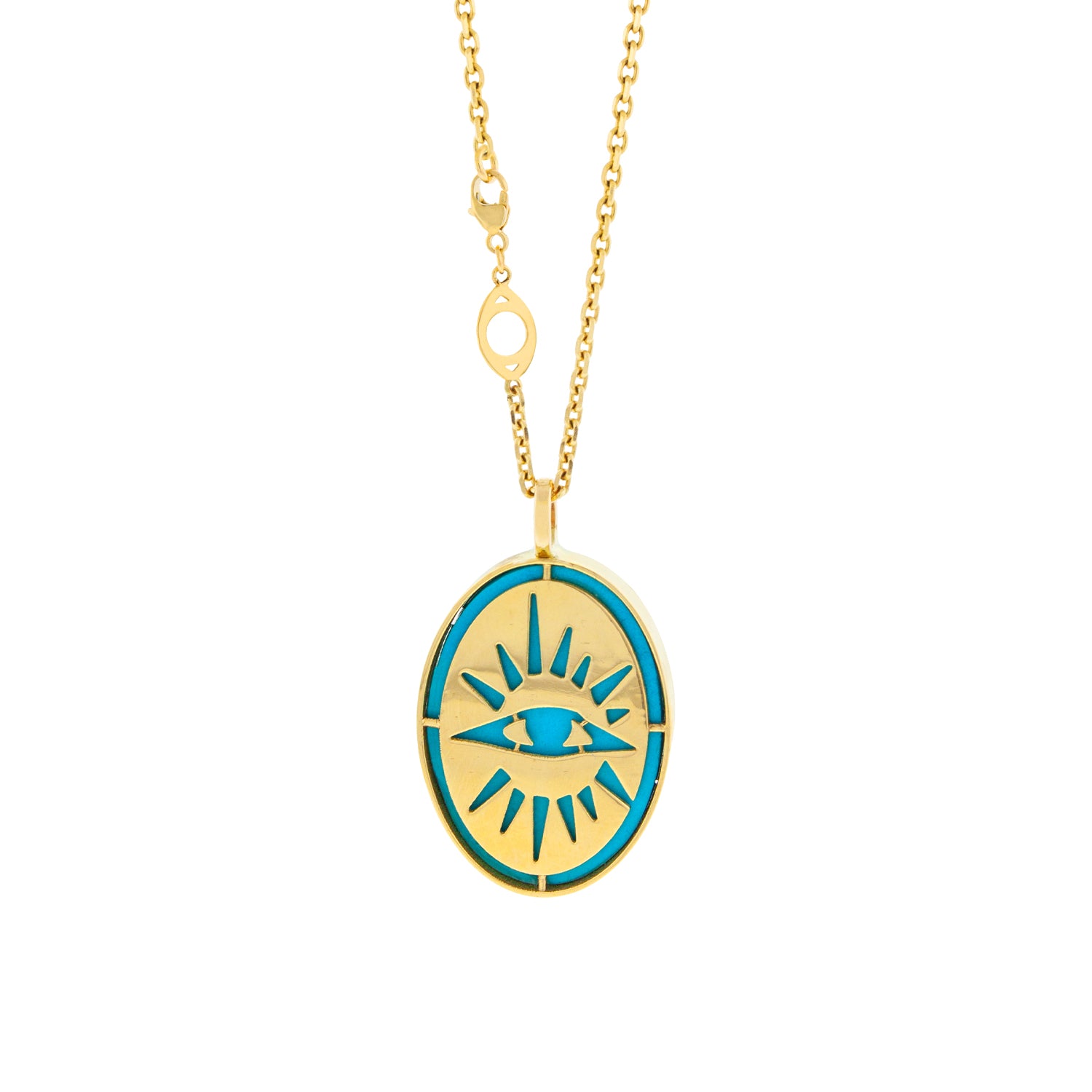LUIS MORAIS 14K yellow gold skull medallion pendant with a turquoise gemstone backing pendant This pendant is sold individually or on 1.75 mm chains with either an eye or a hamsa closure. We offer many lengths, if you would like a custom length, please reach out to customer service.