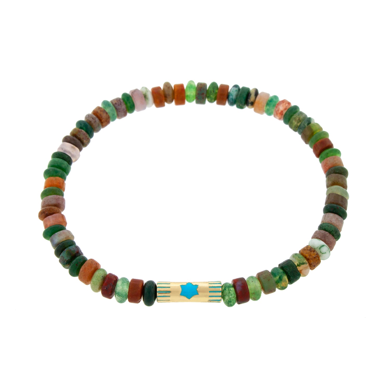 LUIS MORAIS 14K yellow gold slim tube with enameled Star of David on an Indian Agate gemstone beaded bracelet