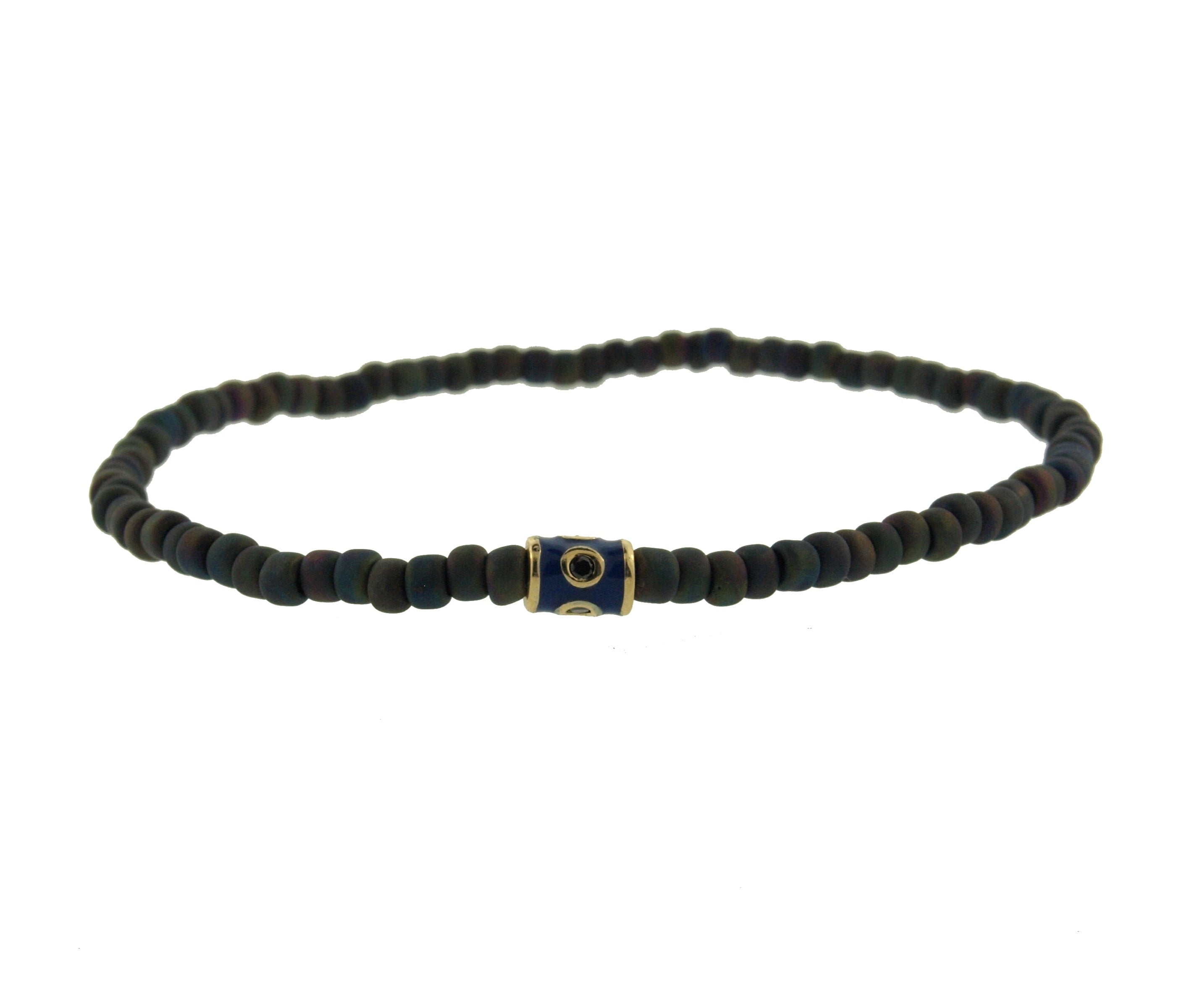 Gold Barrel with Navy Enamel and Black Diamonds on Bead Bracelet
