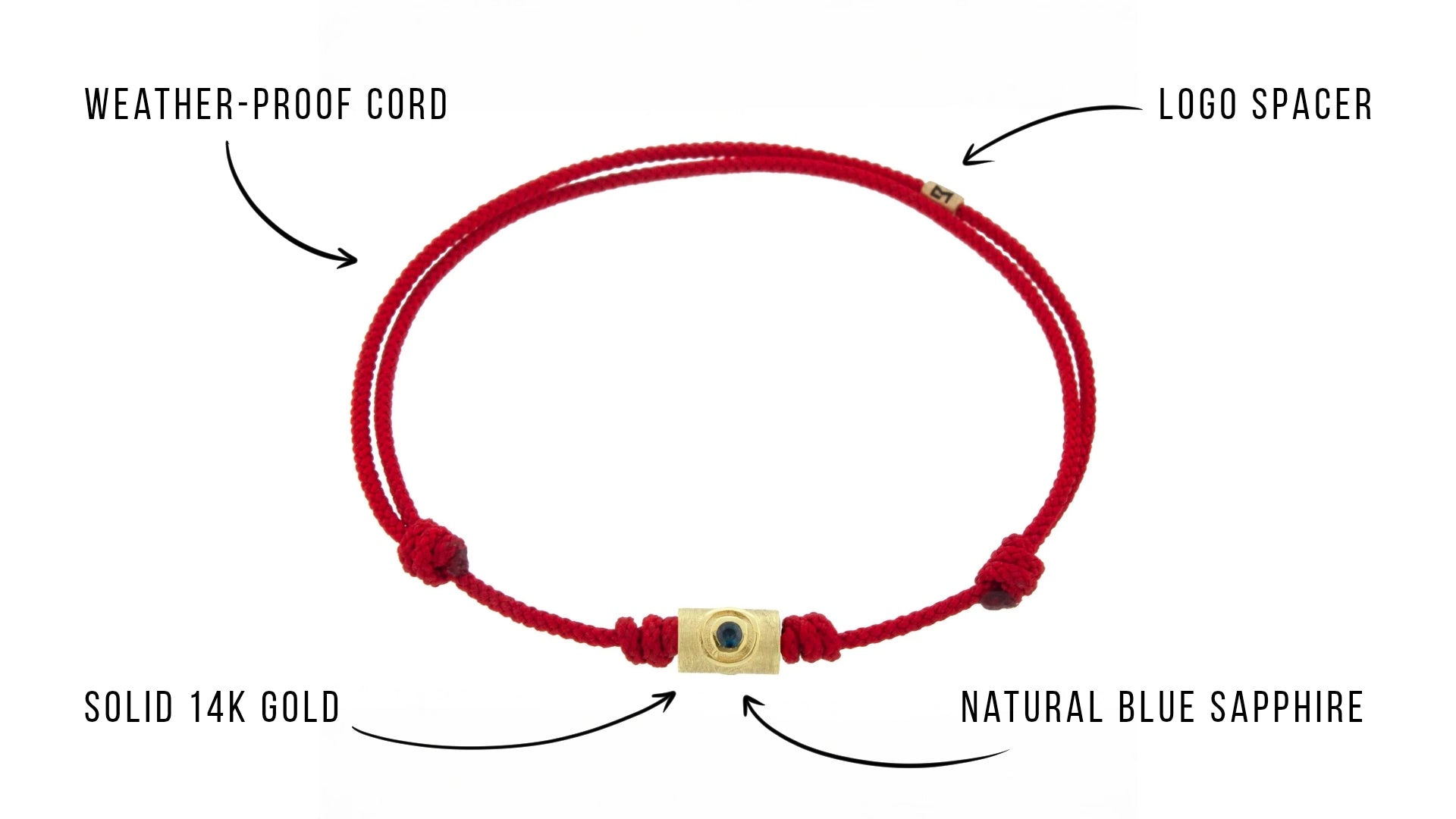 Gold Eye Tube with Blue Sapphire on Red Cord Bracelet