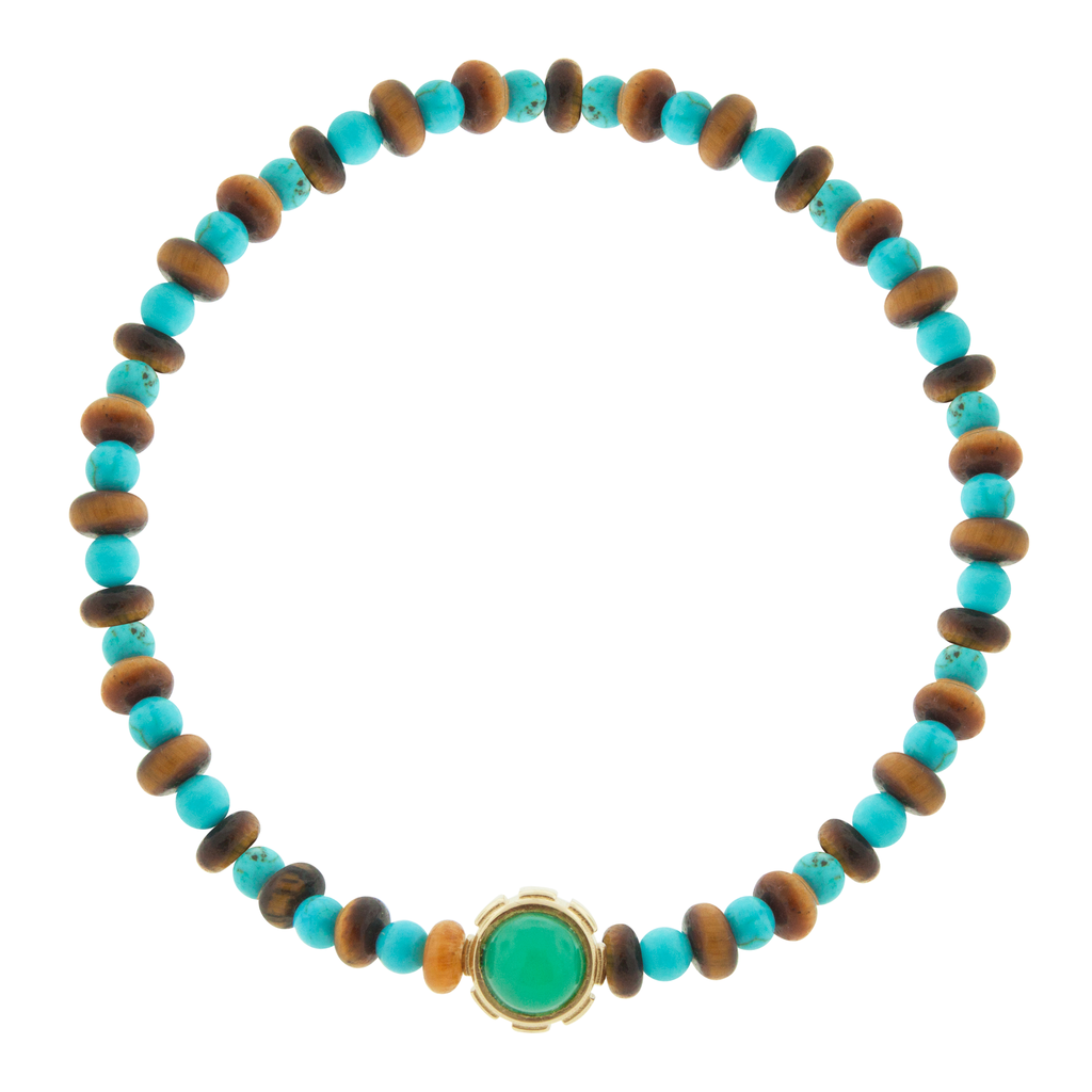 LUIS MORAIS 14k yellow gold rotary collar with a Chrysoprase and Tiger's Eye cabochon, on a Tiger's Eye and Turquoise beaded bracelet.   *If you require a size that is not available in the options provided, please indicate your preferred size in the designated text box during checkout.