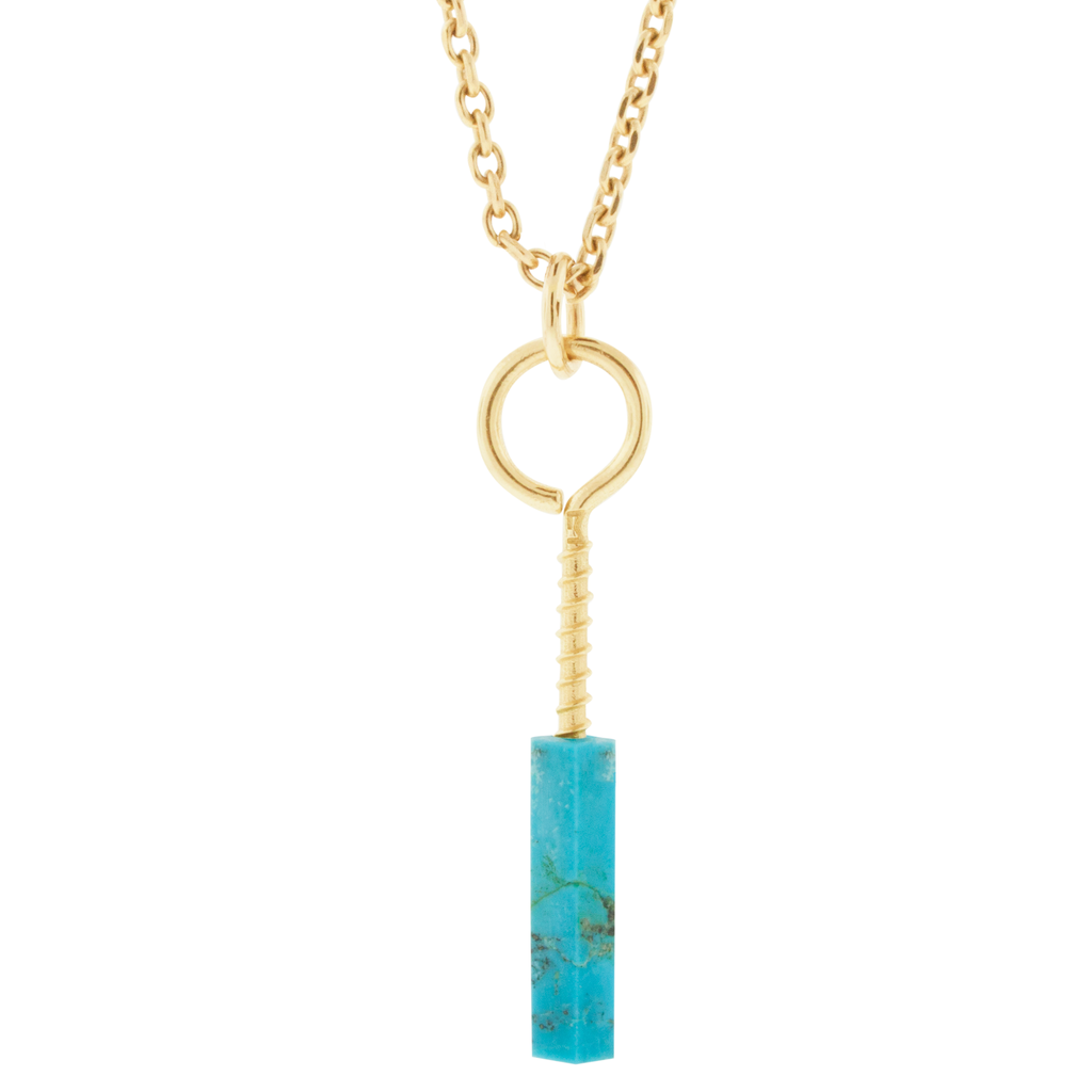LUIS MORAIS 14K Yellow gold large eye hook screw and  hexagon turquoise gemstone pendant.