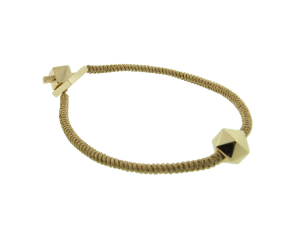 LUIS MORAIS 14k yellow gold Pentabead  on snake macrame bracelet with Bhupura clap closure. 