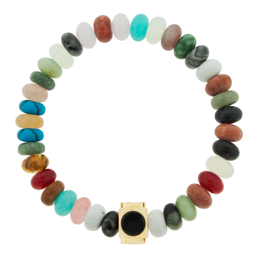 LUIS MORAIS 14k yellow gold Lego cube (8mm) inlaid with four Onyx gemstone sides on a multicolor Agate beaded bracelet.  *If you require a size that is not available in the options provided, please indicate your preferred size in the designated text box during checkout.