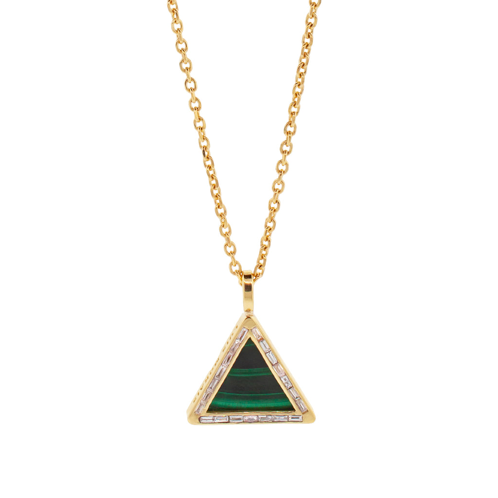 LUIS MORAIS 14K yellow gold triangle pendant with white diamond baguettes and a Malachite gemstone backing.