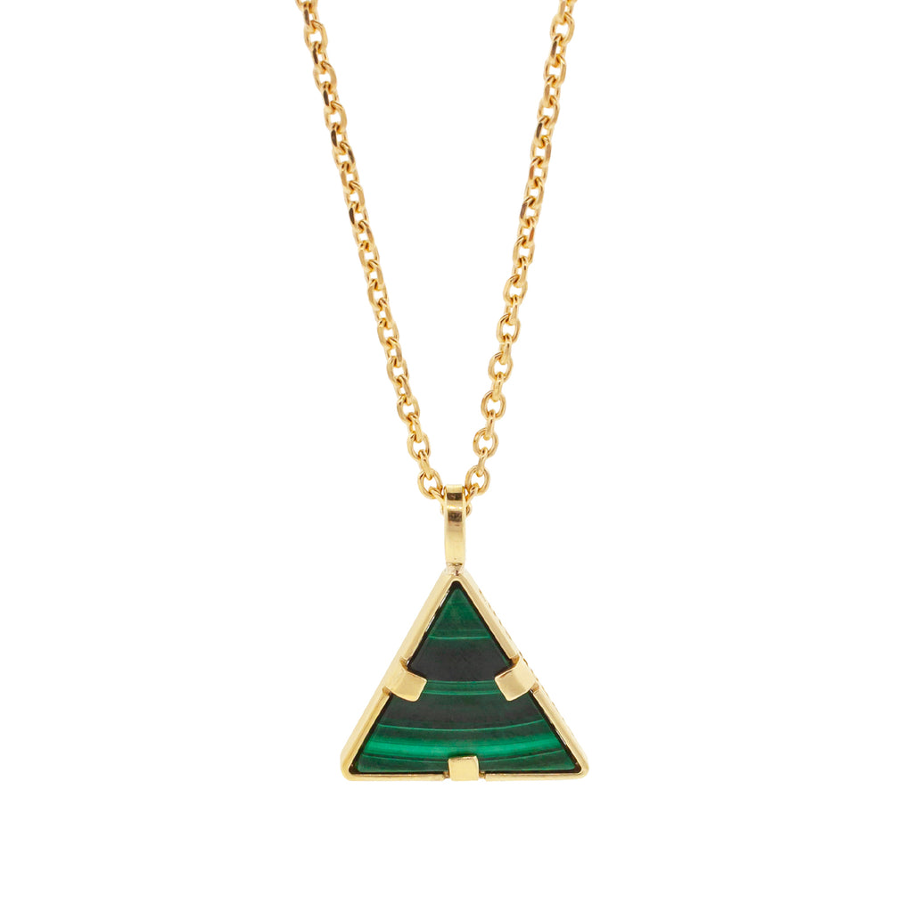 Collier pendentif triangle malachite avec baguettes de diamants