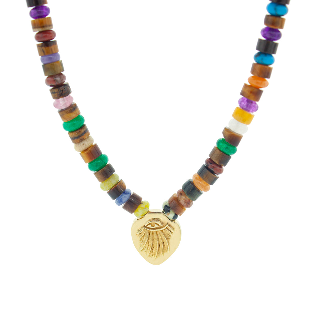 LUIS MORAIS 14K yellow gold shield pendant with a Angel Wing symbol on a tiger's eye and multi-colored agate beaded necklace. 14K yellow gold long clasp closure.  The length of this necklace is 18 inches, if you would like a different length, please reach out to customer service. 