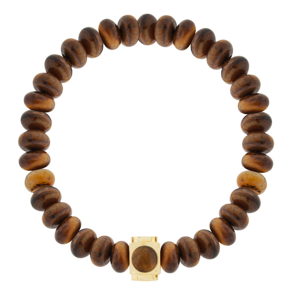 LUIS MORAIS 14k yellow gold Lego cube (8mm) inlaid with four Tiger's Eye gemstone sides on an Tiger's Eye beaded bracelet.