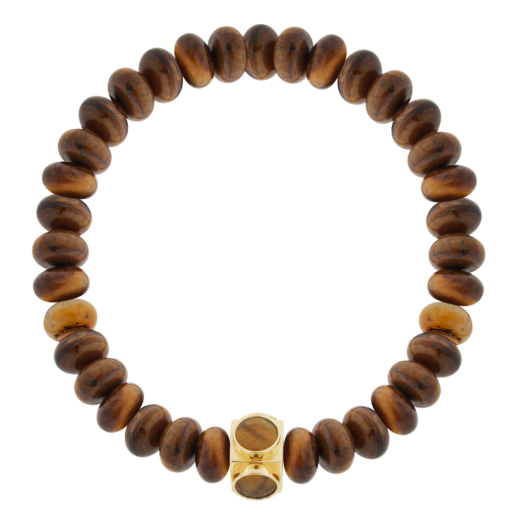 LUIS MORAIS 14k yellow gold Lego cube (8mm) inlaid with four Tiger's Eye gemstone sides on an Tiger's Eye beaded bracelet.