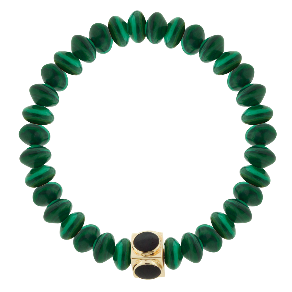 LUIS MORAIS 14k yellow gold Lego cube (8mm) inlaid with four Onyx gemstone sides on a Malachite beaded bracelet.  *If you require a size that is not available in the options provided, please indicate your preferred size in the designated text box during checkout.