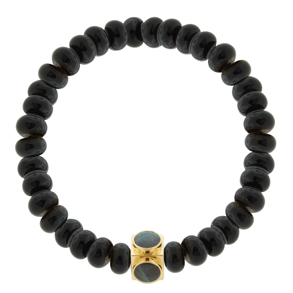 LUIS MORAIS 14k yellow gold Lego cube (8mm) with four Labradorite gemstone sides on an onyx beaded bracelet.