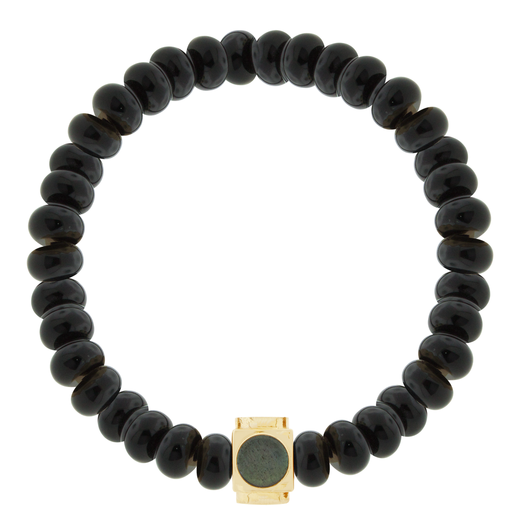 LUIS MORAIS 14k yellow gold Lego cube (8mm) inlaid with four Labradorite gemstone sides on an onyx beaded bracelet.