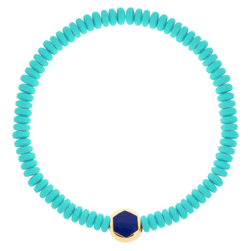 Disque à vis hexagonale émaillé sur bracelet perlé en hématite turquoise
