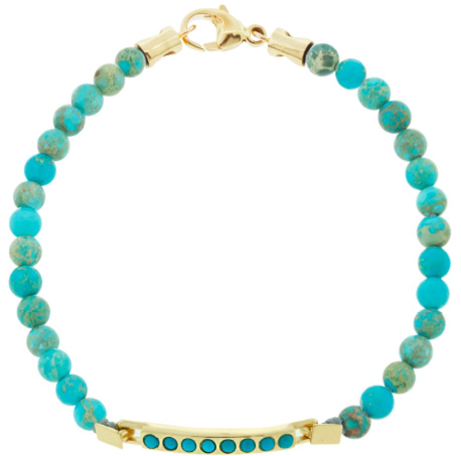 LUIS MORAIS 14K gold medium link ID bar with round Turquoise stones on a Sediment Jasper beaded bracelet. 14k gold lobster clasp closure.   *If you require a size that is not available in the options provided, please indicate your preferred size in the designated text box during checkout.