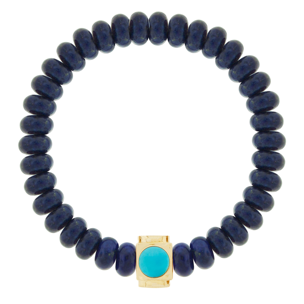LUIS MORAIS 14k yellow gold Lego cube (8mm) inlaid with four Turquoise gemstone sides on a Lapis beaded bracelet.