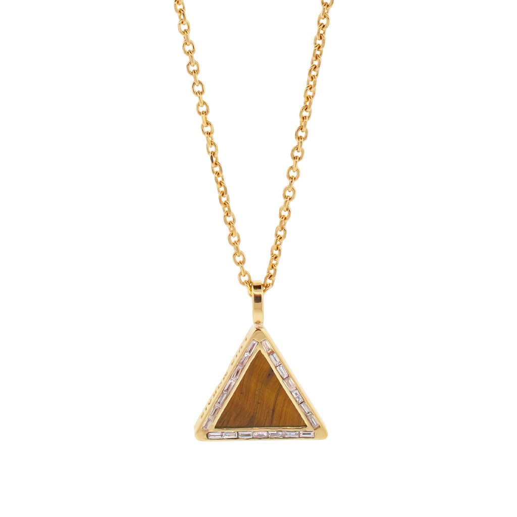 LUIS MORAIS 14K yellow gold triangle pendant with white diamond baguettes and a Tiger's Eye gemstone backing.